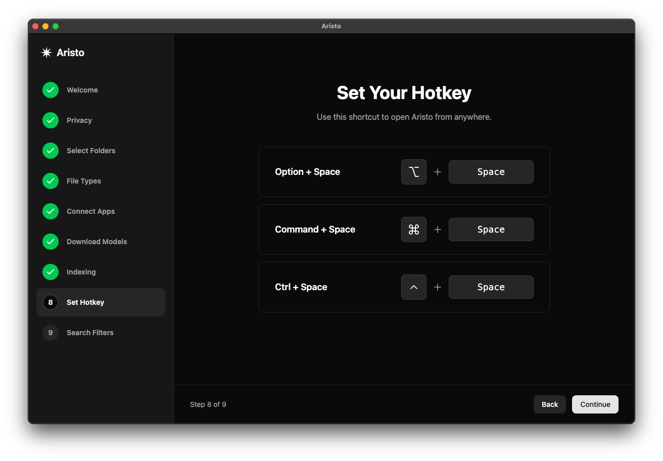Aristo Onboarding Hotkey Selection