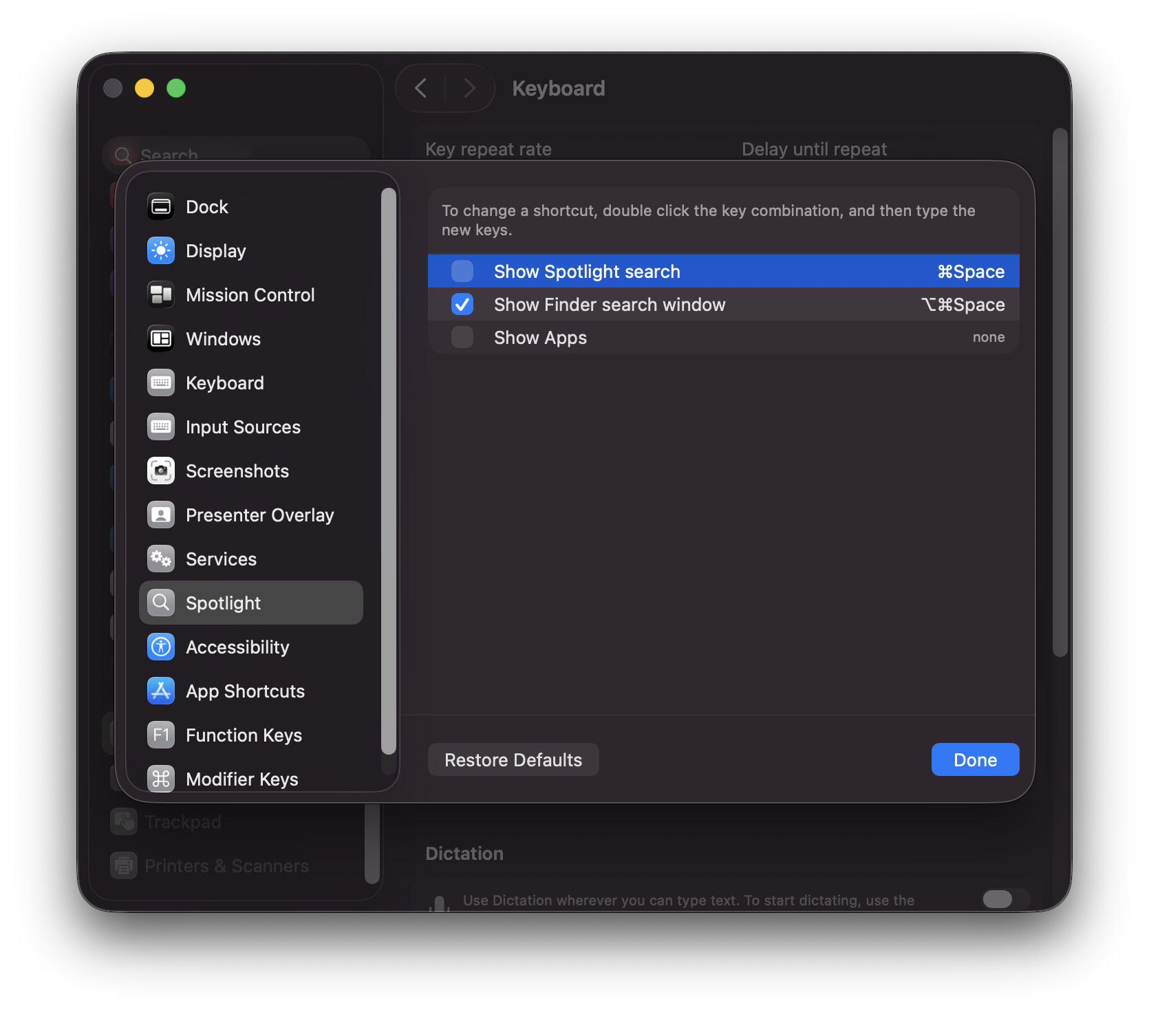 macOS Spotlight Keyboard Shortcuts Settings